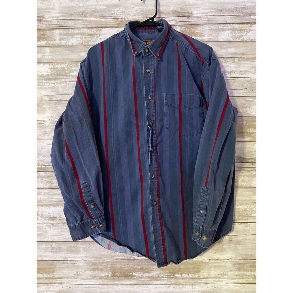 Route 66 Striped Long Sleeve Men Button Down Shirt Large Men 90s Y2K Blue Green​